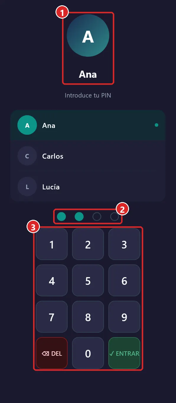Pantalla de entrada con un empleado elegido.
