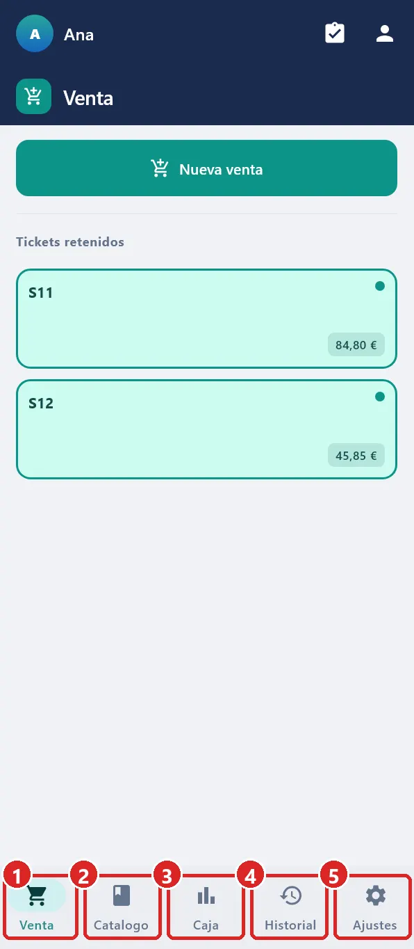 Pantalla Venta con la barra de pestañas abajo.