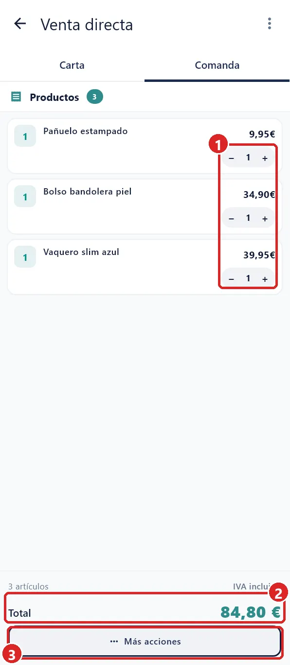 Pestaña Comanda con tres productos.