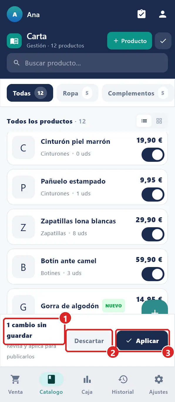Barra de cambios pendientes.