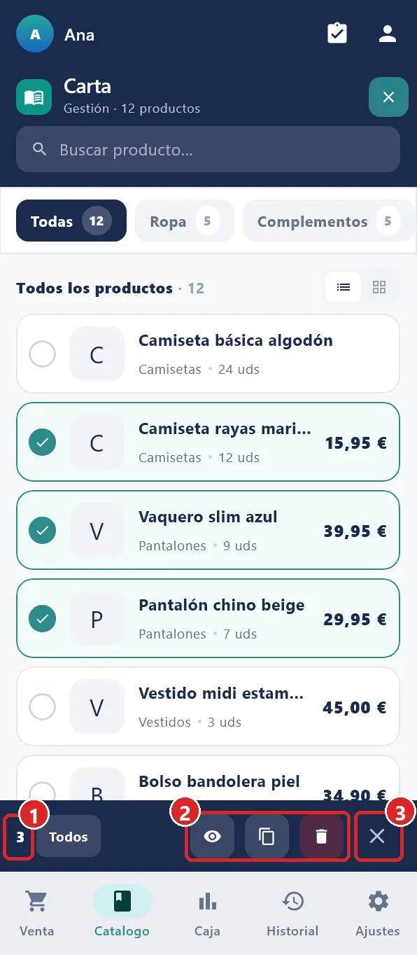 Selección múltiple con tres productos marcados.