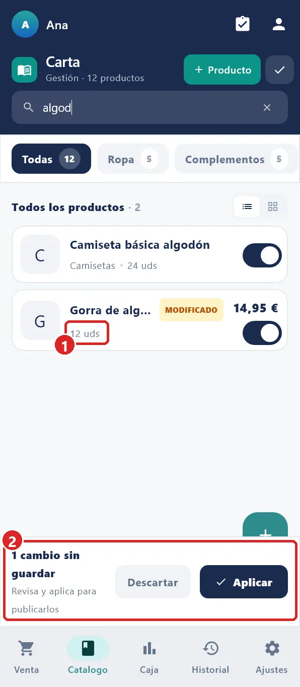 Lista del catálogo con productos que controlan stock.