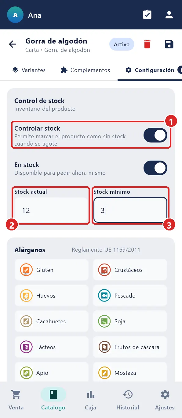 Pestaña Configuración del producto.