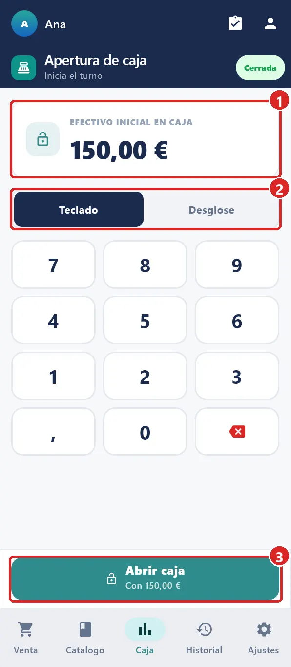 Pantalla Apertura de caja.