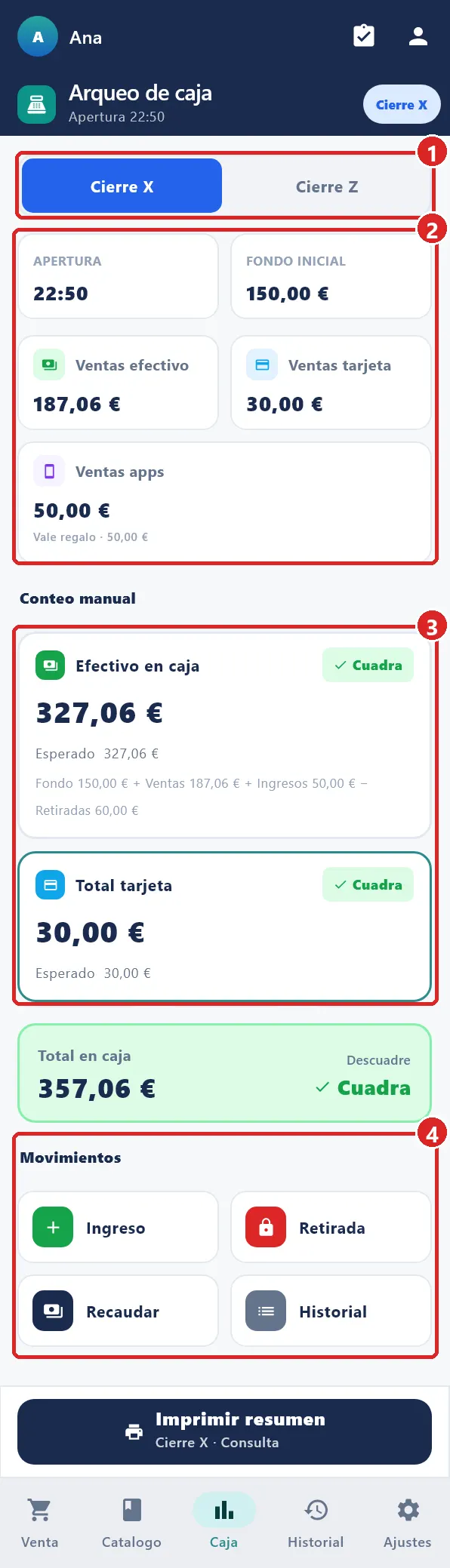 Pantalla Arqueo de caja.