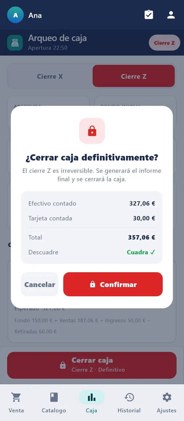Ventana ¿Cerrar caja definitivamente? con Efectivo contado, Tarjeta contada, Total y Descuadre, y los botones Cancelar y Confirmar