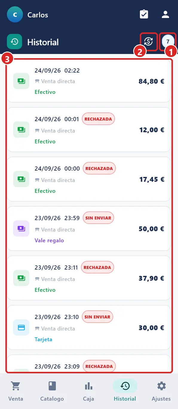 Pestaña Historial.