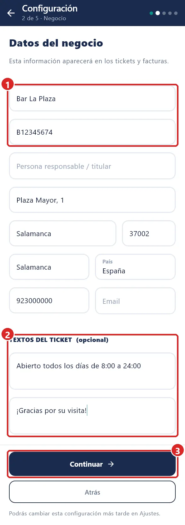 Paso Datos del negocio.
