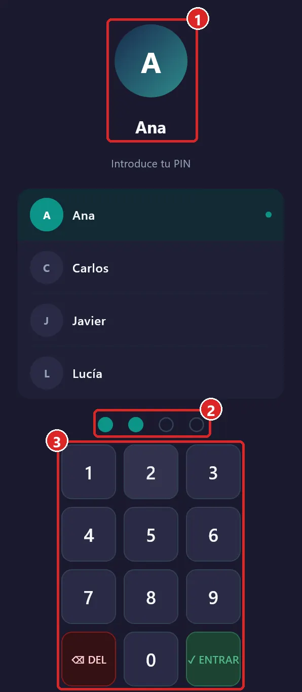 Pantalla de entrada con un empleado elegido.