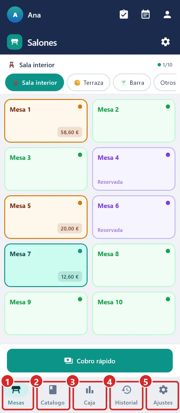 Pestaña Mesas con la barra de pestañas abajo.