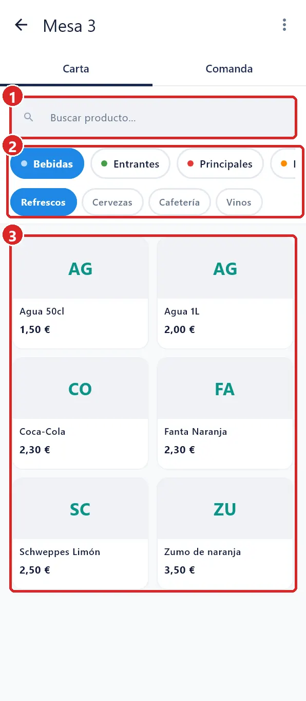 Pestaña Carta de una mesa.
