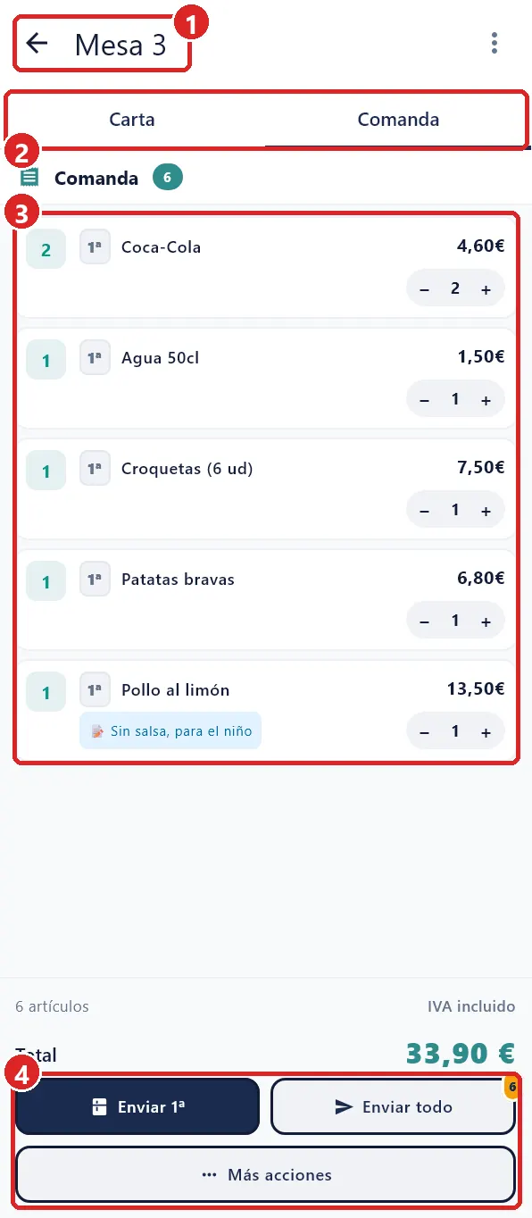 Mesa abierta en la pestaña Comanda.