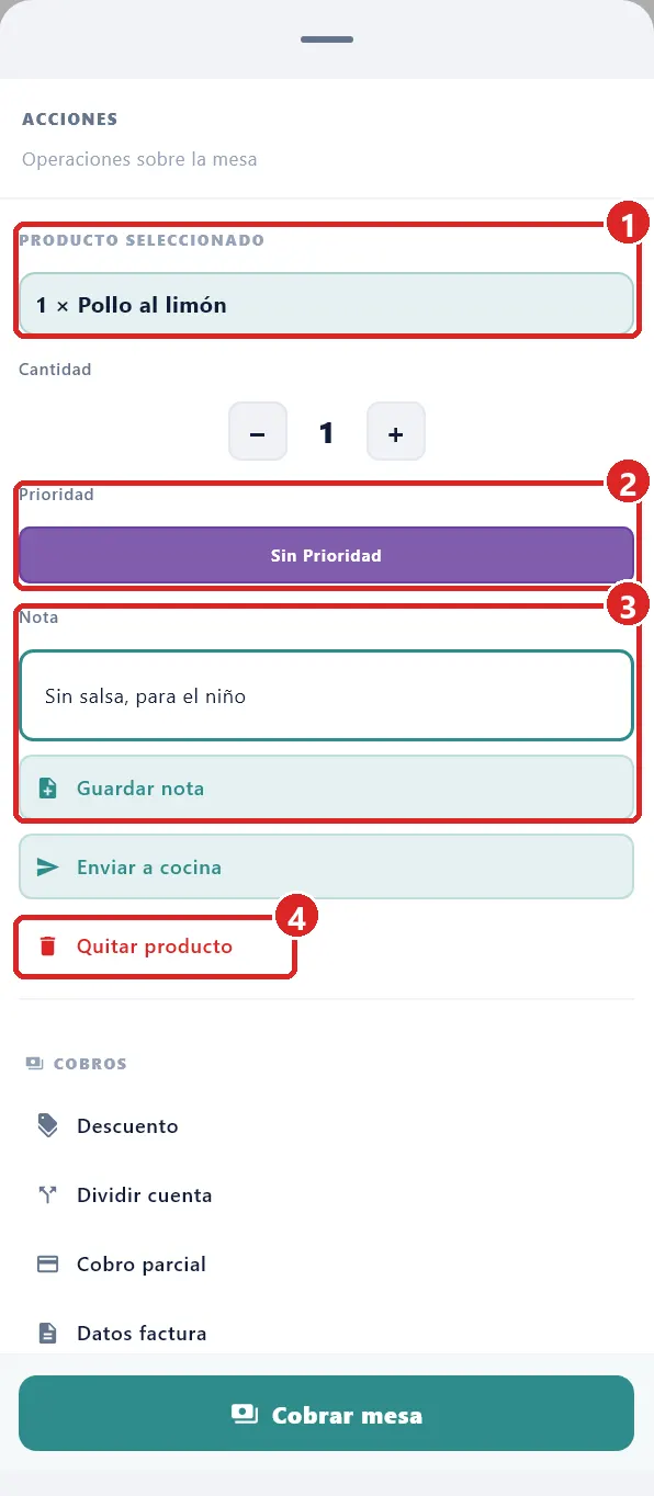 Panel Más acciones con una línea tocada.