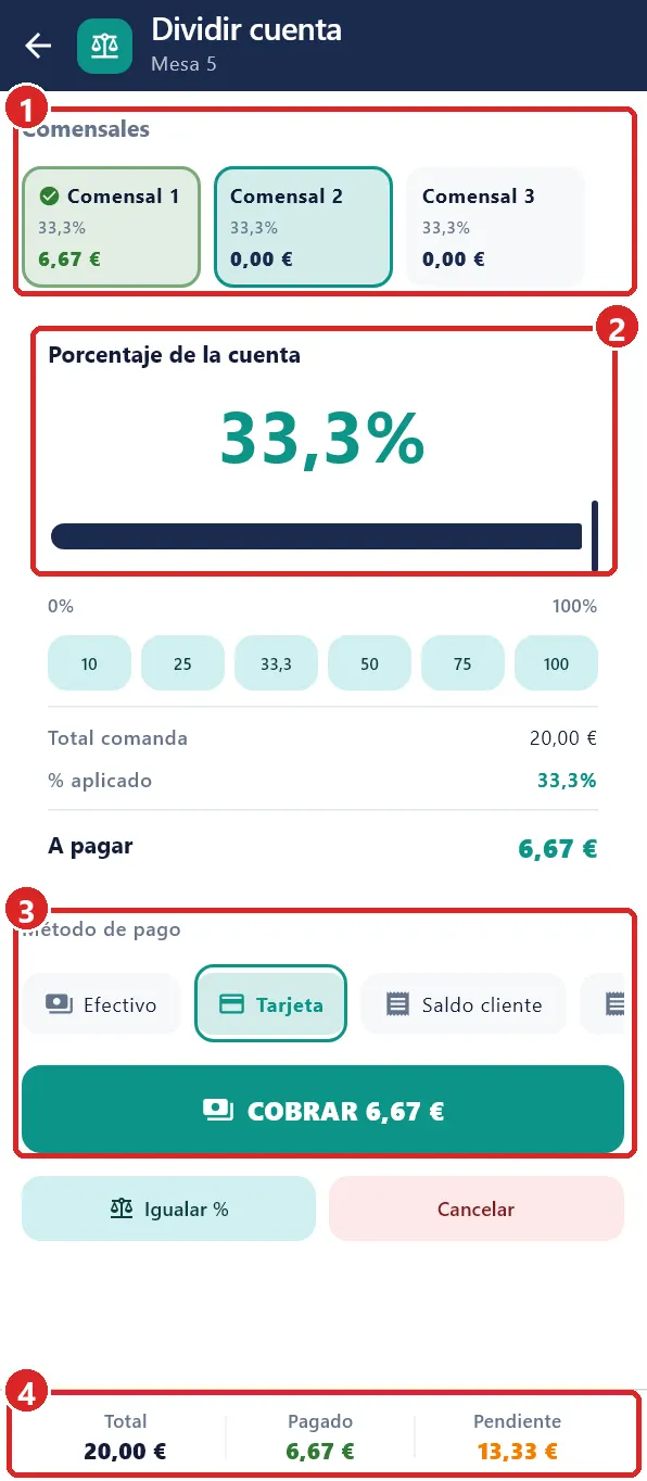 Pantalla Dividir cuenta a mitad de cobro.