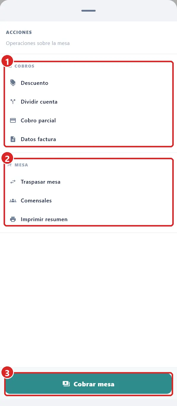 Panel Más acciones de una mesa.