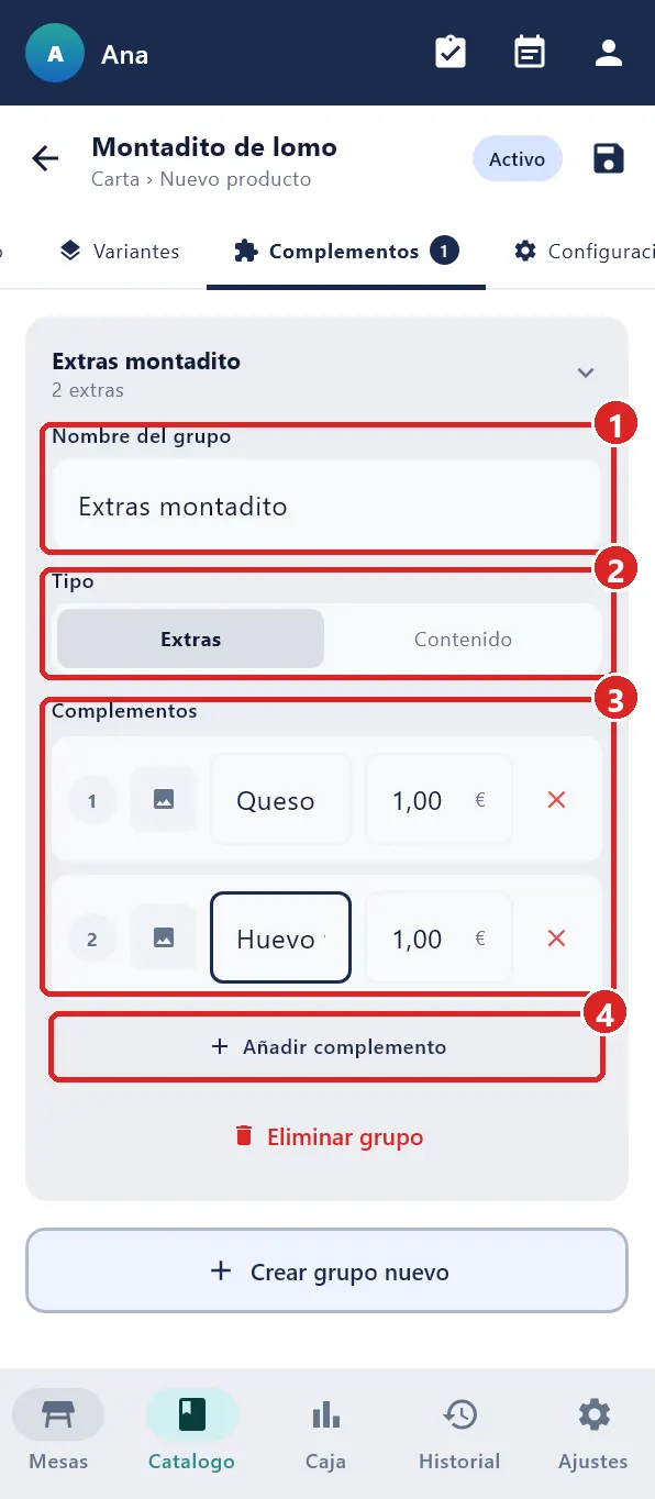 Pestaña Complementos con un grupo abierto.
