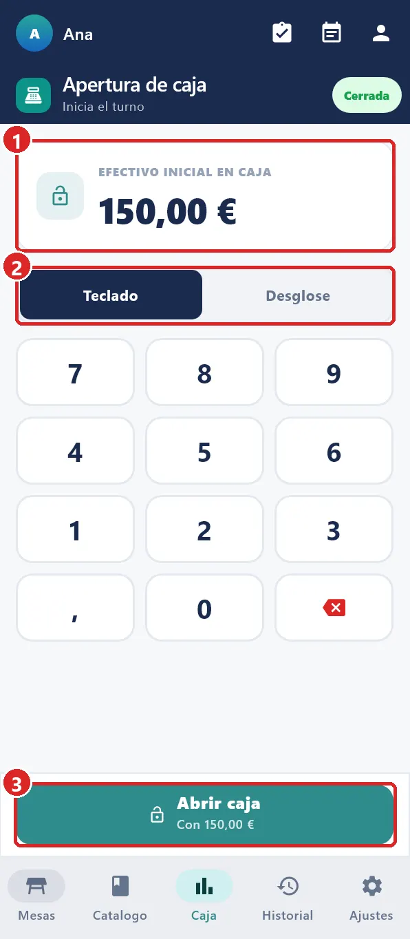 Pantalla Apertura de caja.