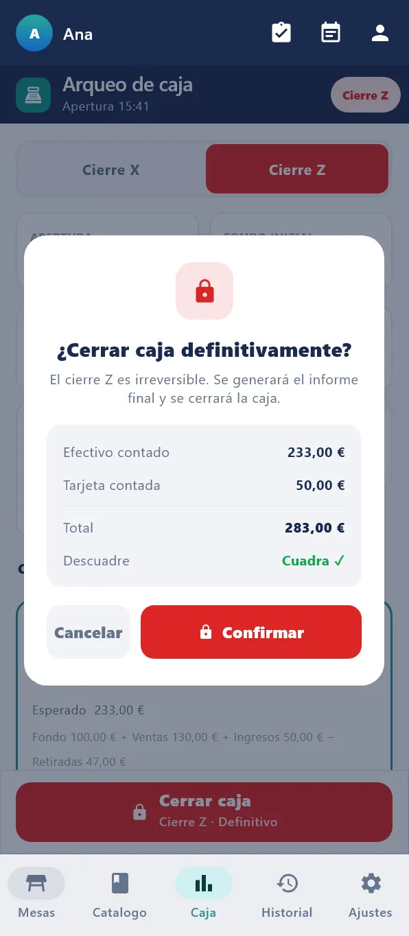 Ventana ¿Cerrar caja definitivamente? con Efectivo contado, Tarjeta contada, Total y Descuadre, y los botones Cancelar y Confirmar