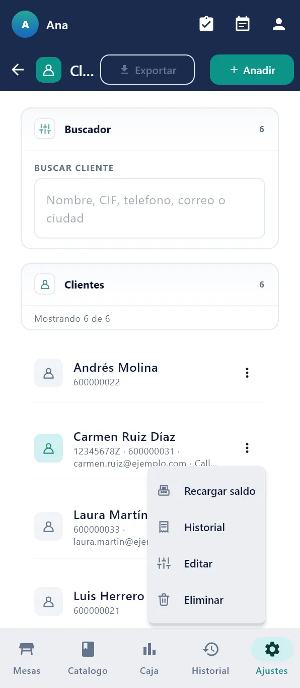 Menú de los tres puntos de un cliente: Recargar saldo, Historial, Editar y Eliminar