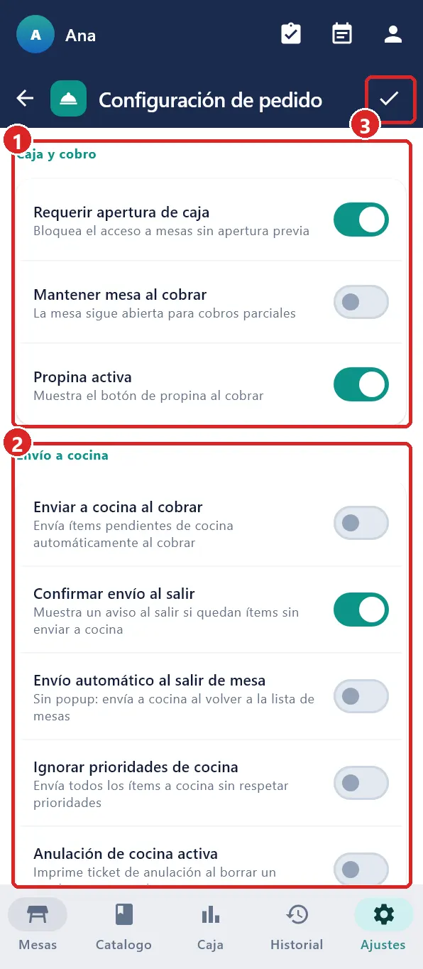 Configuración de pedido.