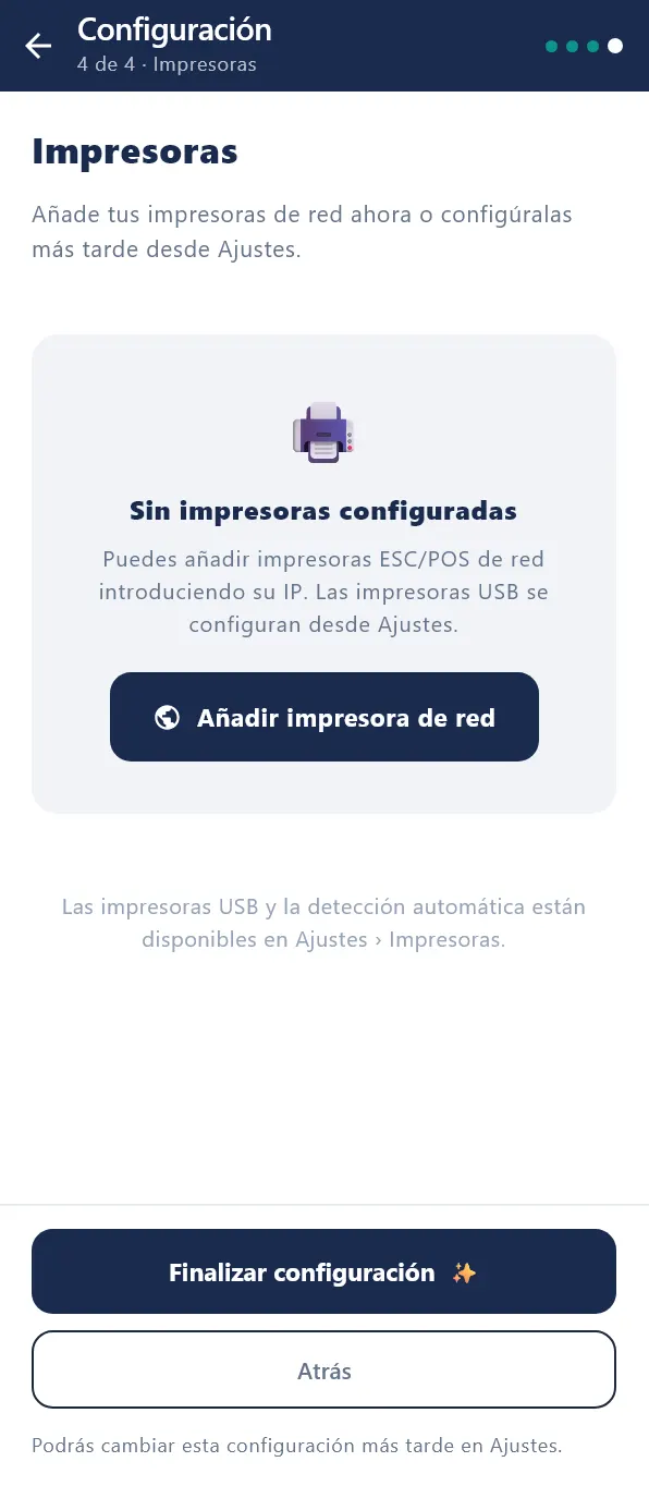 Último paso Impresoras con el botón Finalizar configuración abajo.