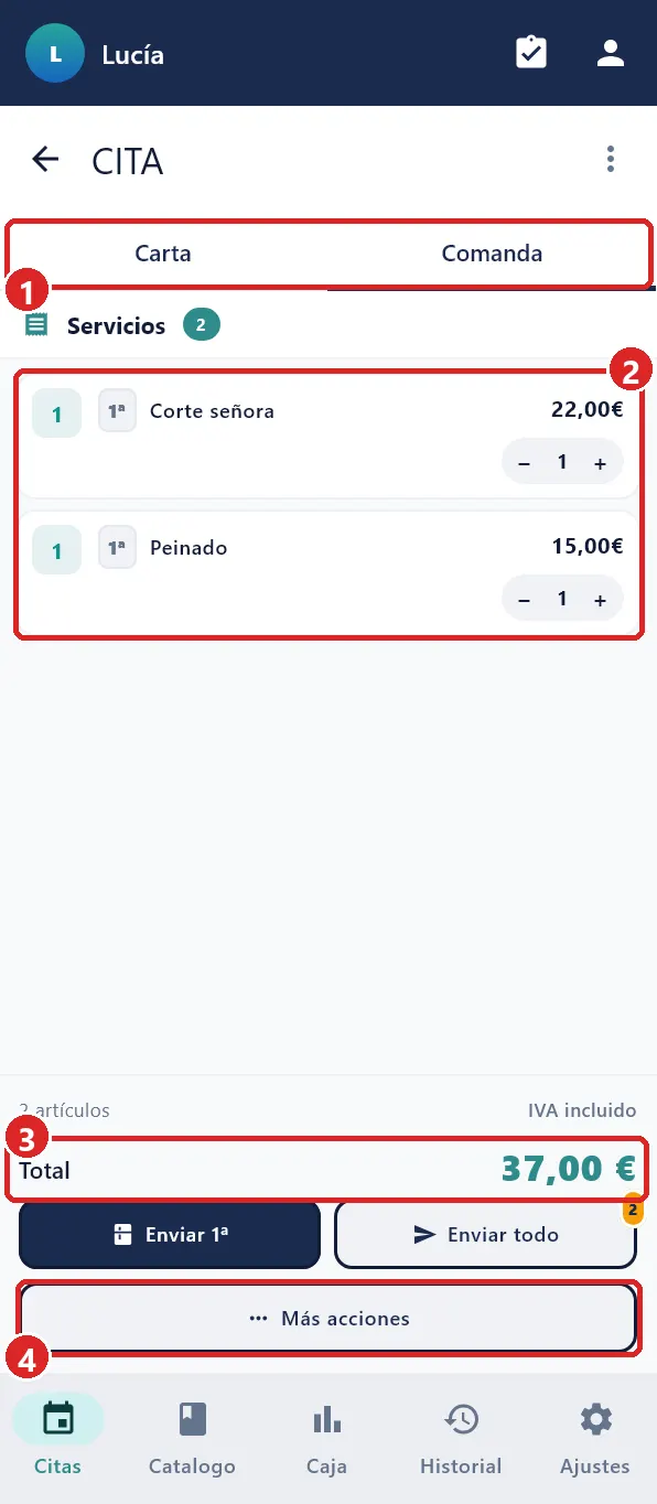 Pantalla del servicio en la pestaña Comanda.