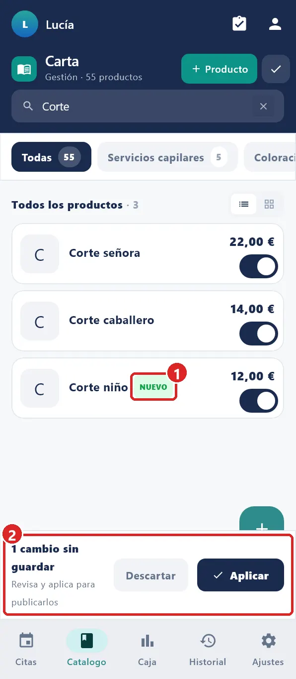 Carta con un producto marcado NUEVO.