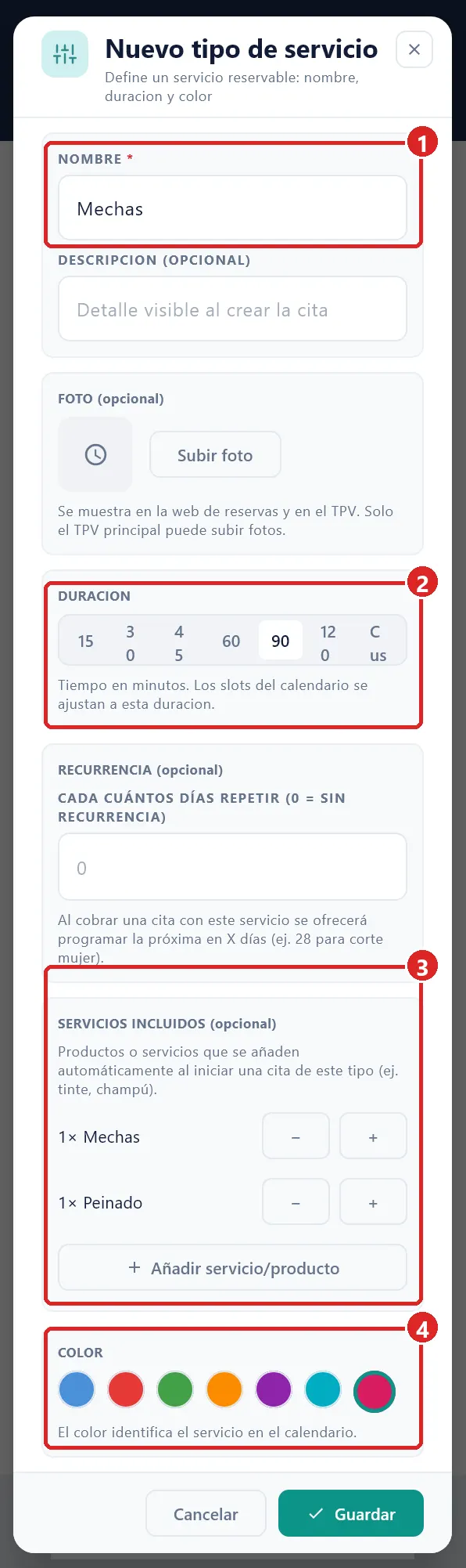 Ventana Nuevo tipo de servicio.