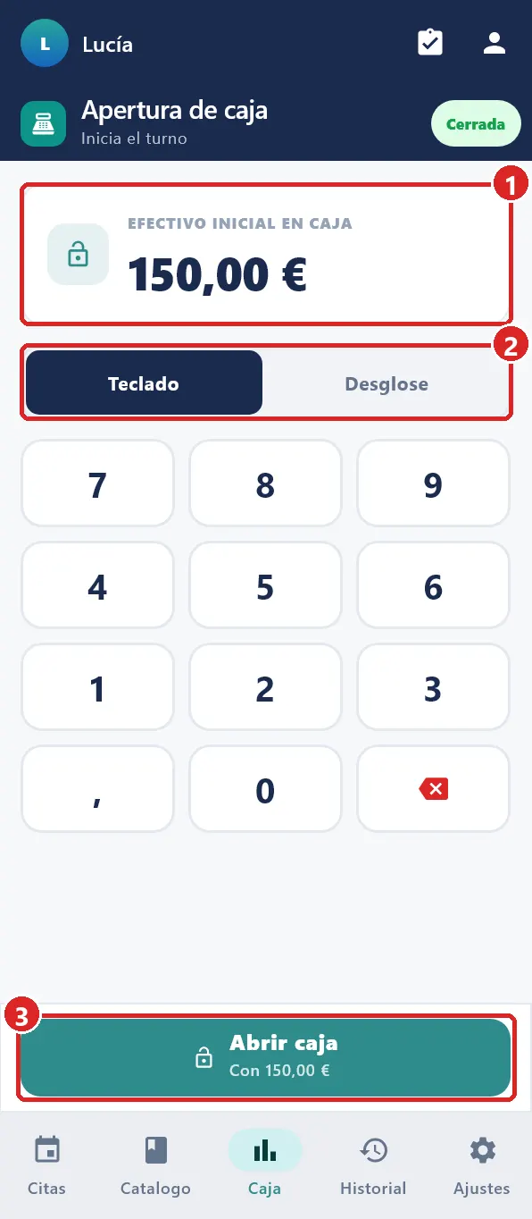 Pantalla Apertura de caja.