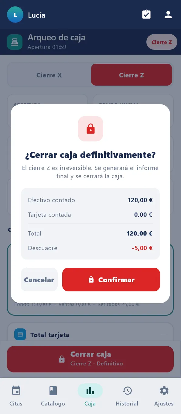 Ventana ¿Cerrar caja definitivamente? con Efectivo contado, Tarjeta contada, Total y Descuadre, y los botones Cancelar y Confirmar