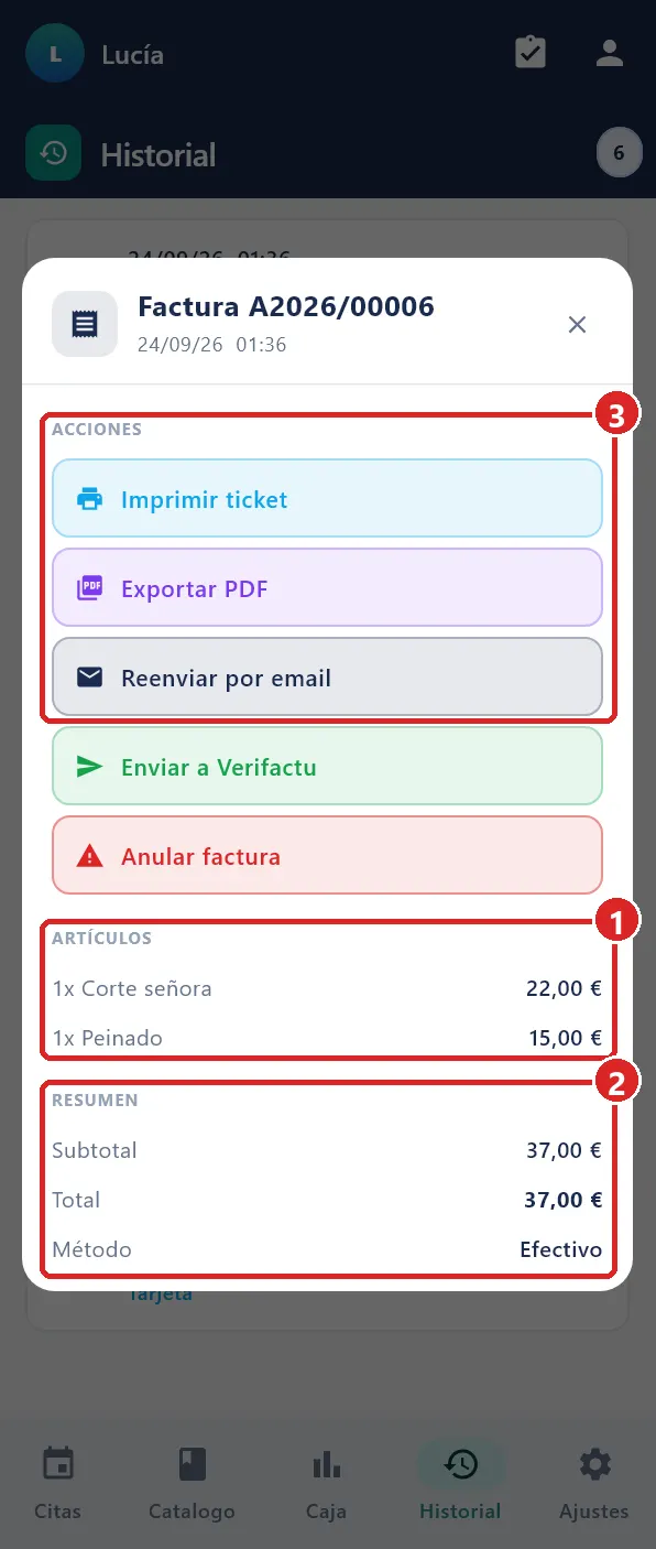 Detalle de un ticket.
