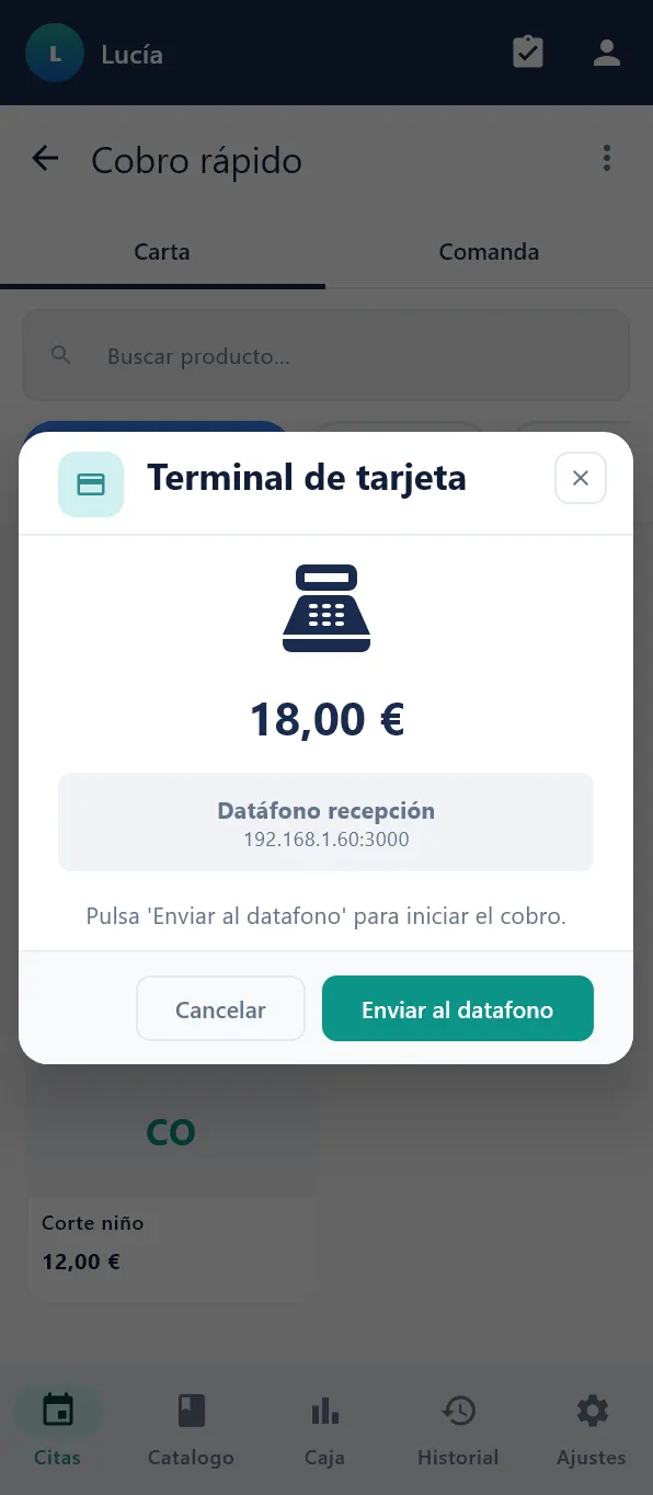 Ventana Terminal de tarjeta con el importe y el botón Enviar al datafono
