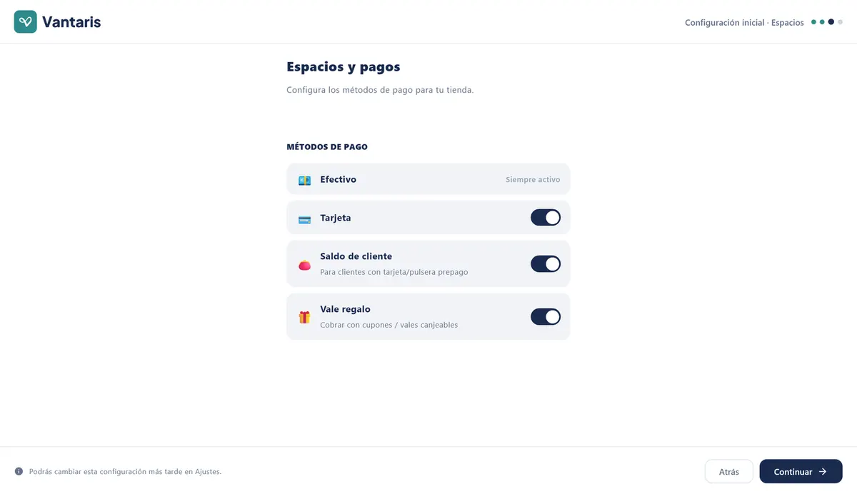 Paso Espacios y pagos en una tienda, con el texto Configura los métodos de pago para tu tienda. y la lista MÉTODOS DE PAGO