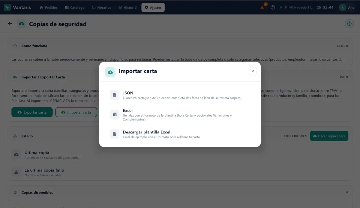 Ventana Importar carta de Ajustes › Copias de seguridad, con las opciones JSON y Excel y el botón Descargar plantilla Excel