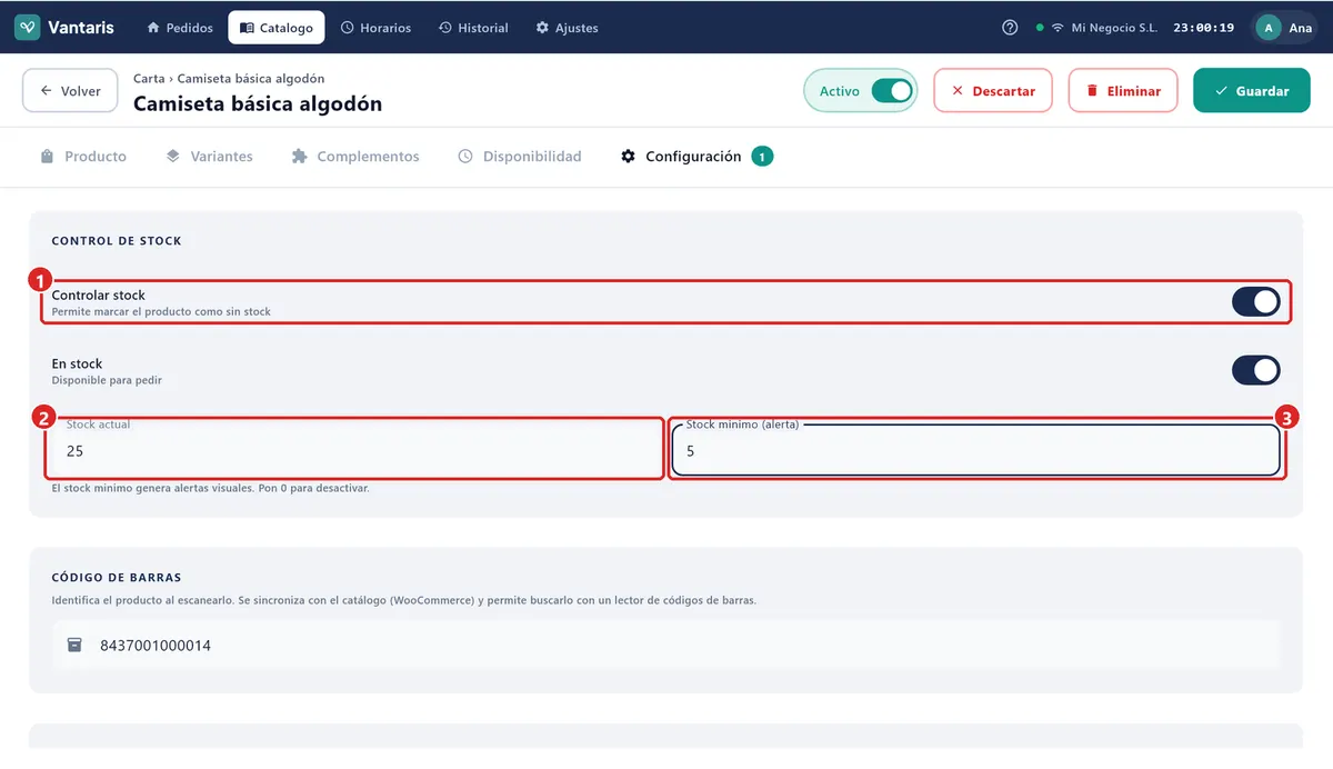Pestaña Configuración del producto con Controlar stock activado.
