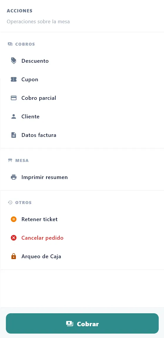 Panel ACCIONES de la pantalla de venta con el grupo OTROS desplegado y el botón Arqueo de Caja al final