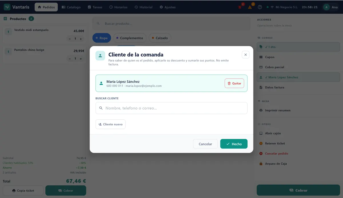 Ventana Cliente de la comanda con el buscador y un cliente elegido