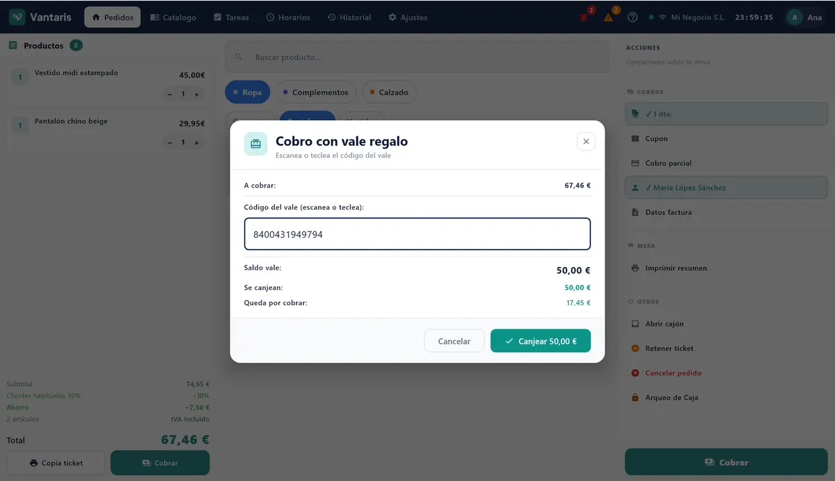 Ventana Cobro con vale regalo, con el código leído, el saldo del vale y lo que se canjea