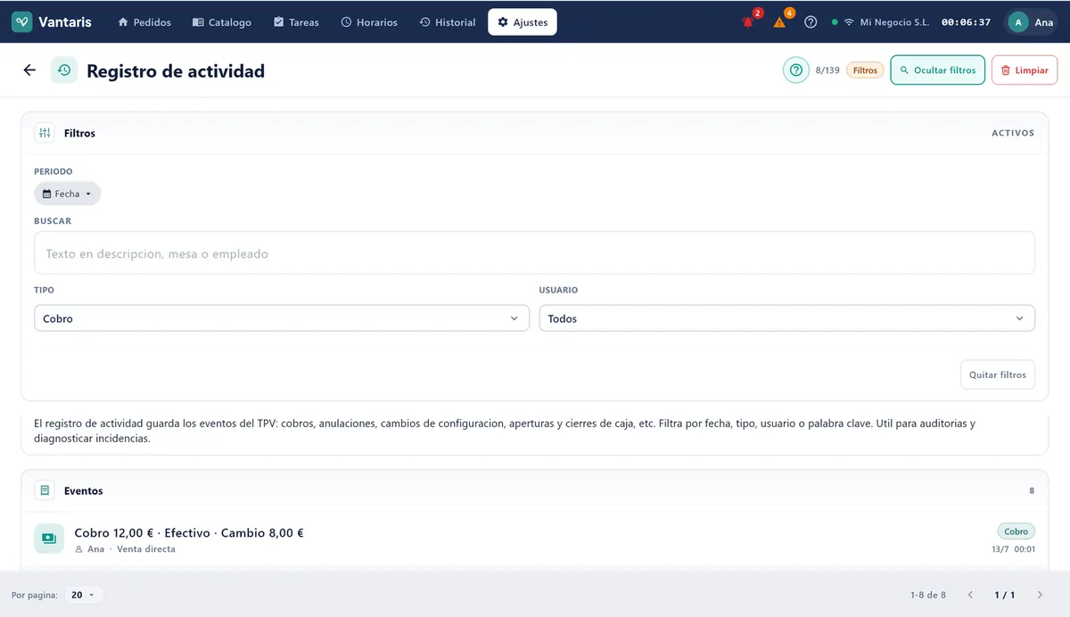 Registro de actividad con los filtros abiertos: periodo, tipo y usuario.