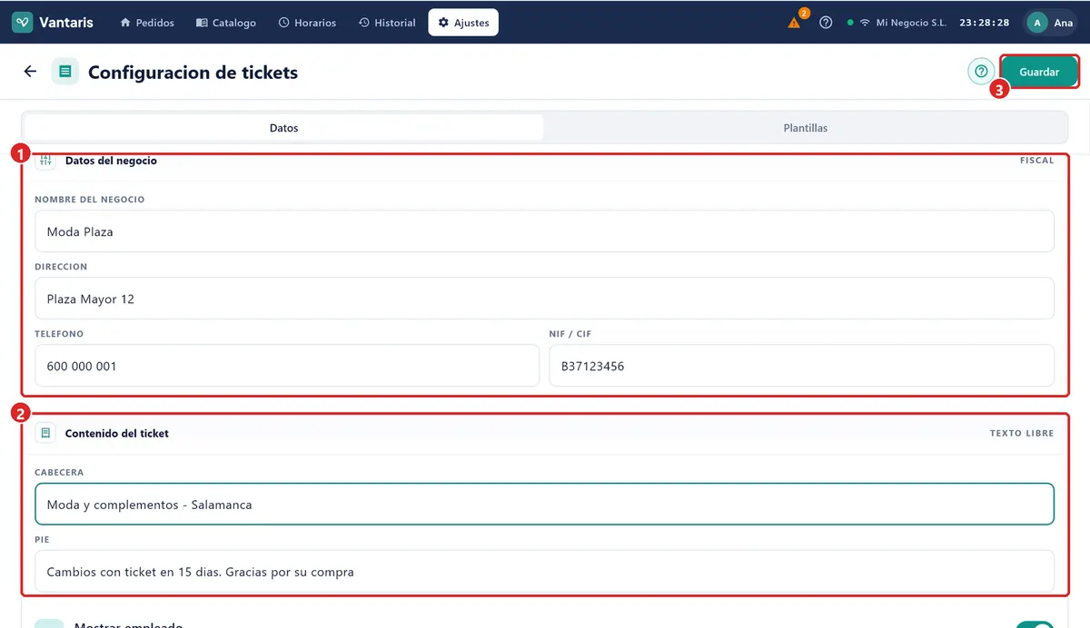 Configuracion de tickets, pestaña Datos.
