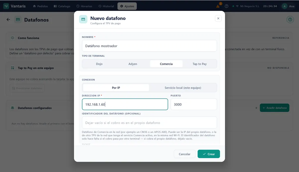 Ventana Nuevo datáfono con Nombre, TIPO DE TERMINAL (Dojo, Adyen, Comercia) y los datos de conexión