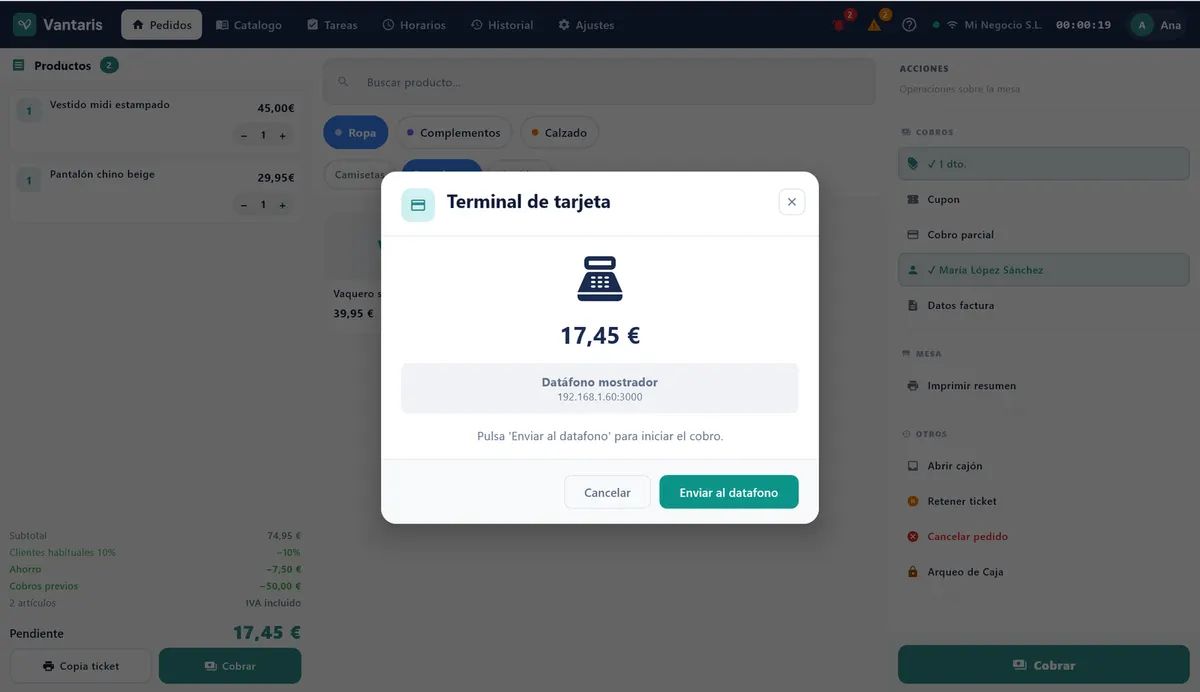 Ventana Terminal de tarjeta con el importe y el botón Enviar al datáfono