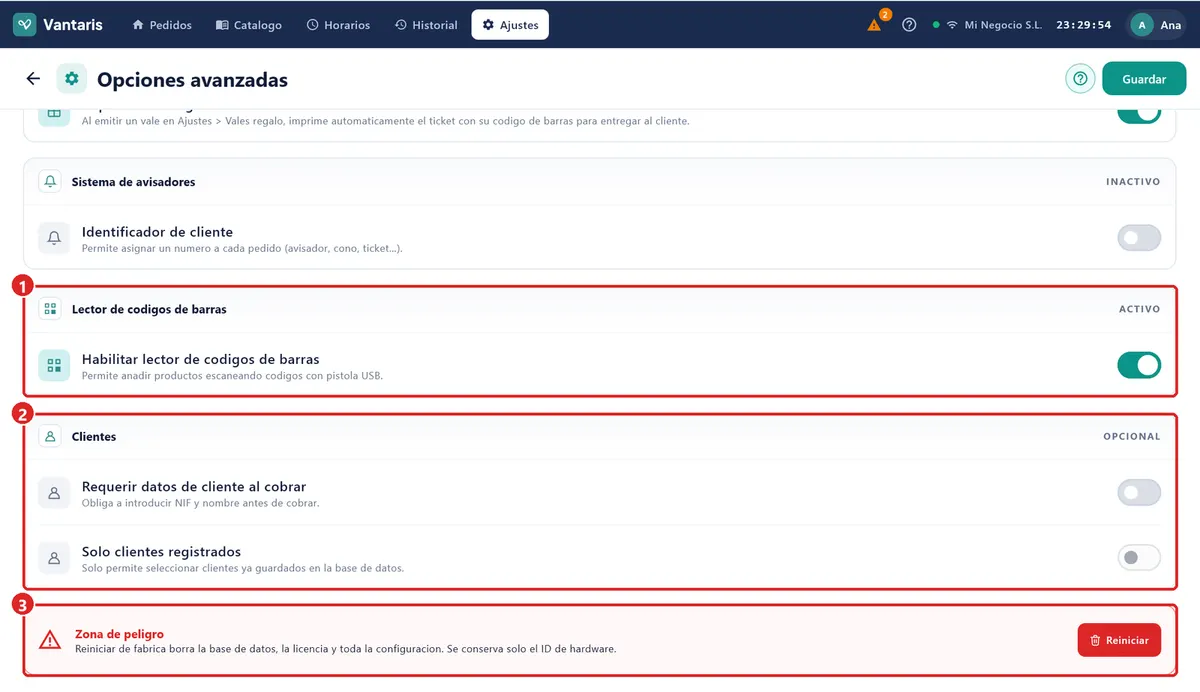 Opciones avanzadas de una tienda.