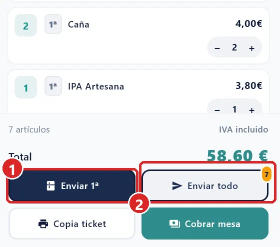 Pie de la comanda con productos pendientes.