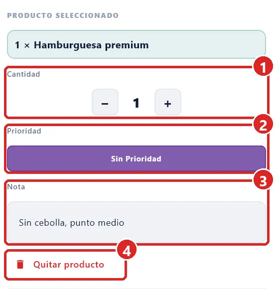 Bloque PRODUCTO SELECCIONADO con una línea tocada.