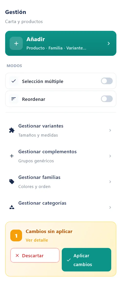 Panel derecho de la pantalla Carta con cambios en espera: aviso Cambios sin aplicar con el número de cambios y los botones Ver detalle, Descartar y Aplicar cambios