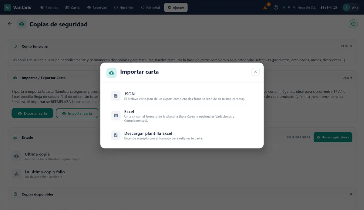 Ventana Importar carta de Ajustes › Copias de seguridad, con las opciones JSON y Excel y el botón Descargar plantilla Excel