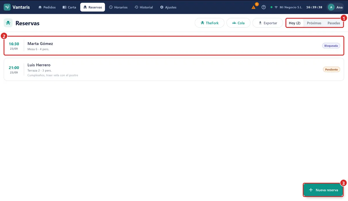 Lista de reservas en la pestaña Hoy.