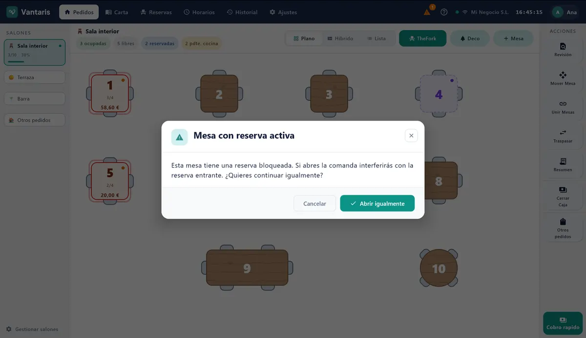 Plano de sala con una mesa en estado Reservada y el aviso Mesa con reserva activa.