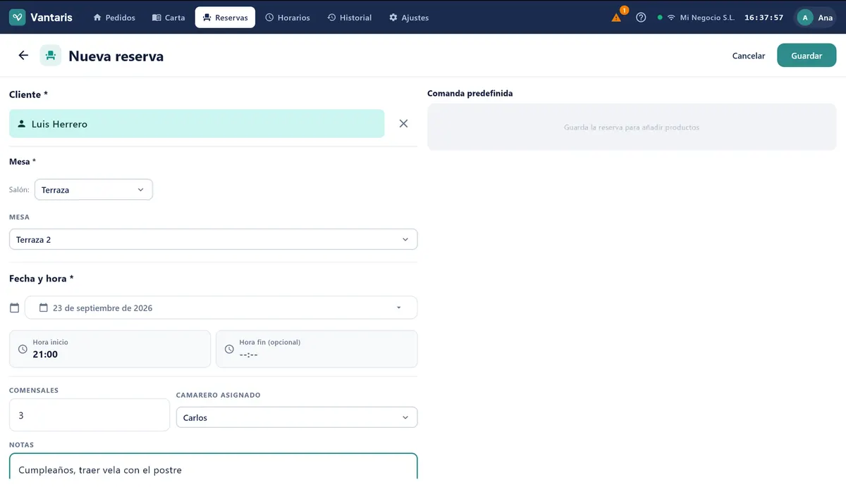 Pantalla Nueva reserva con cliente, fecha, mesa y comensales rellenos.